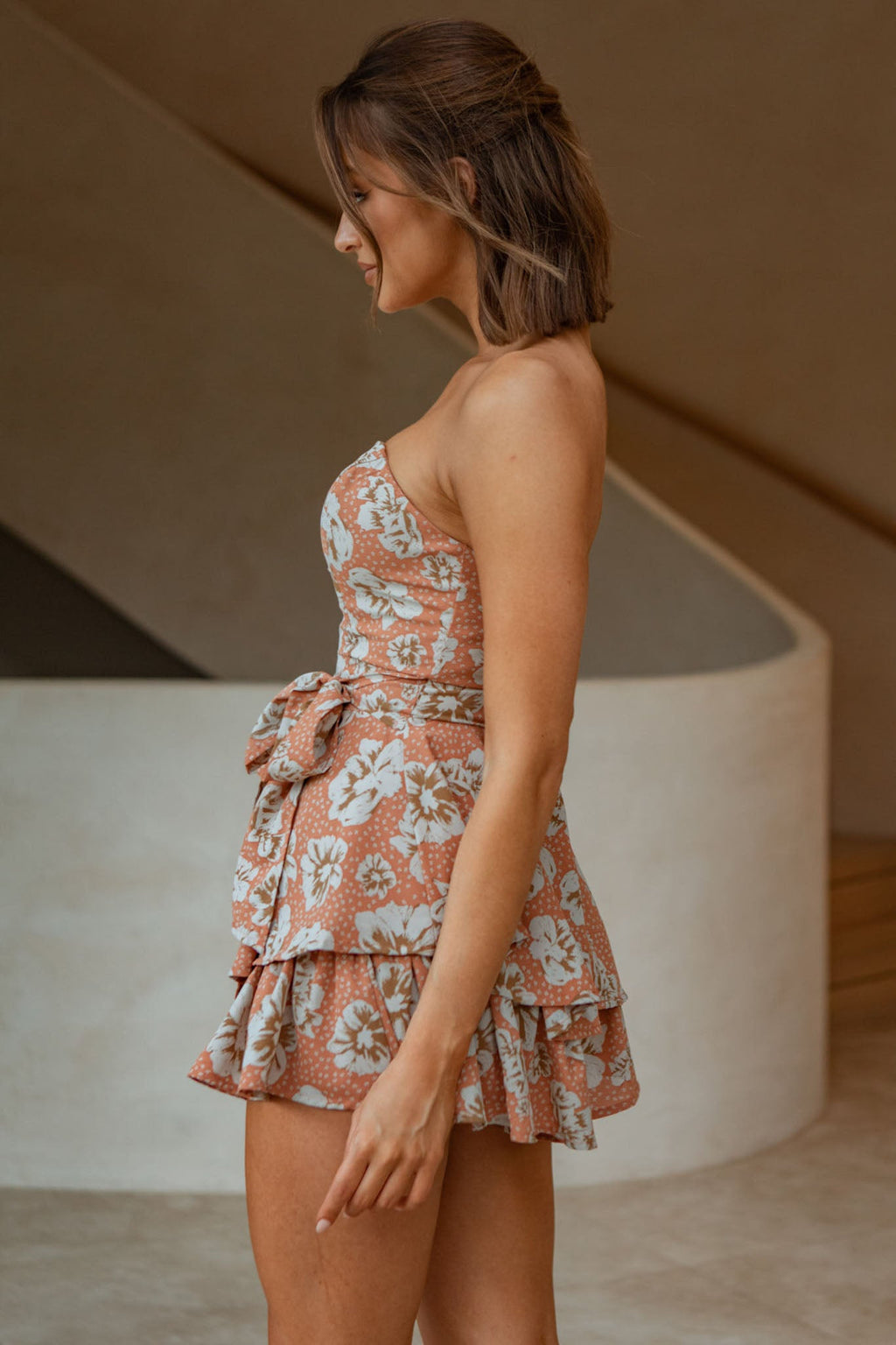 Maddox Fit & Flare Bandeau Romper Flower Print Rust by Selfie Leslie