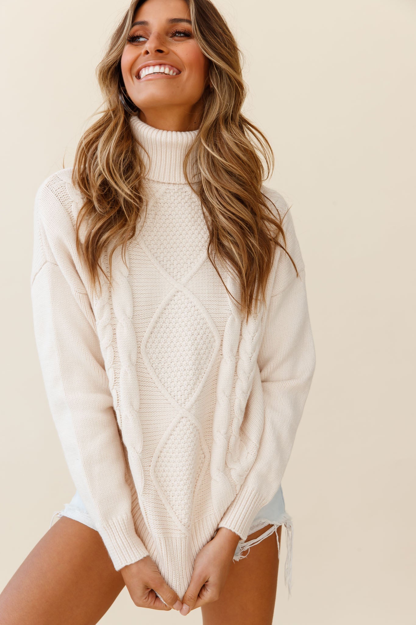 Hark Rolled Turtleneck Cable Knit Detail Sweater Cream by Selfie Leslie