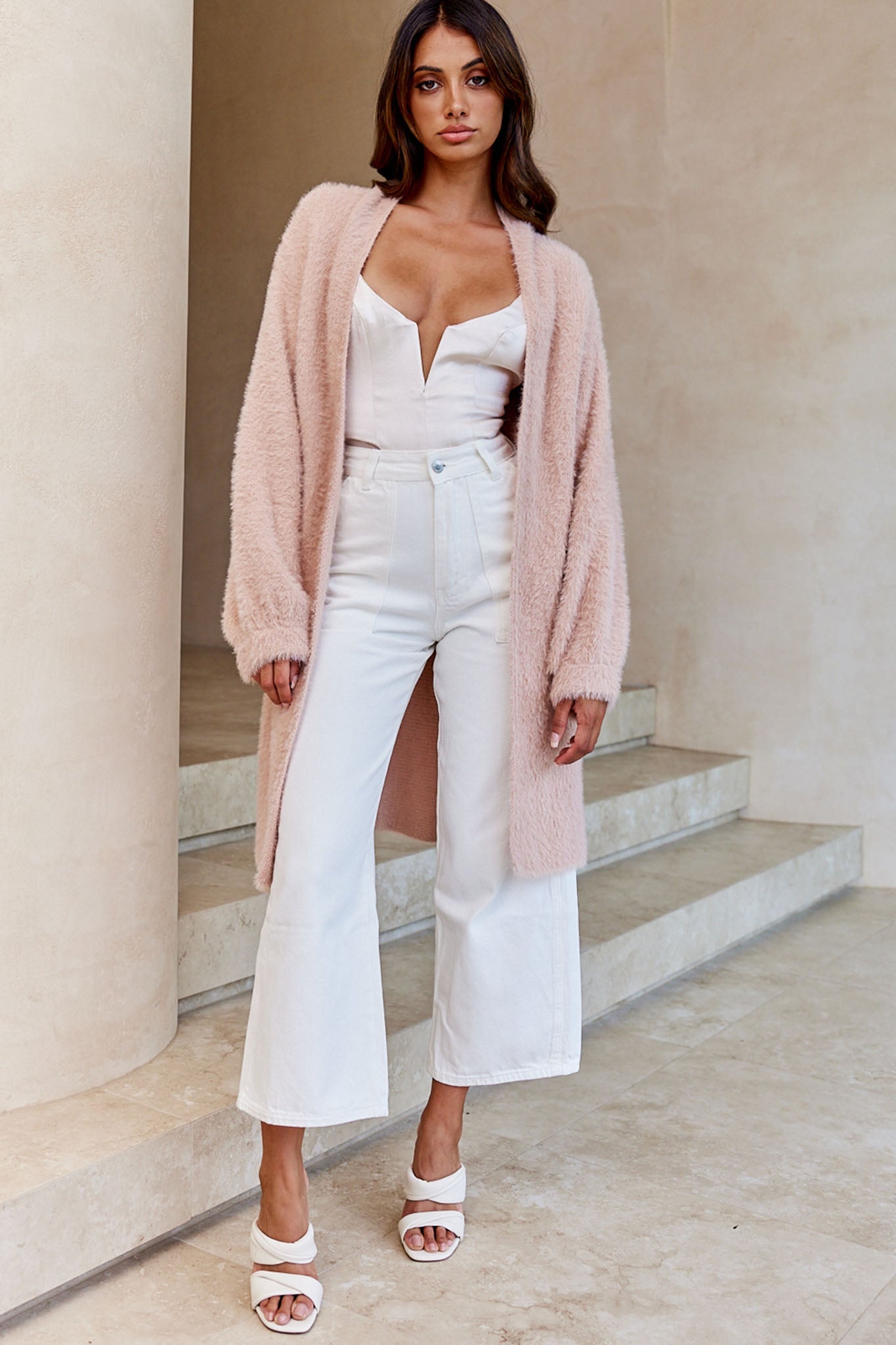 Hold The Phone Long Sleeve Fuzzy Duster Cardigan Blush by Selfie Leslie