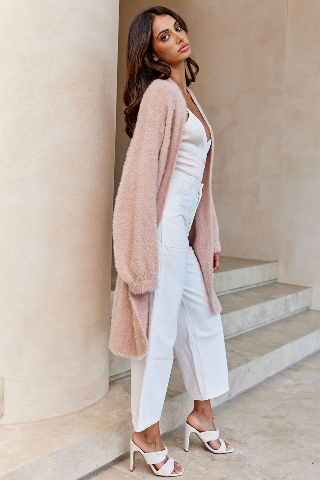 Hold The Phone Long Sleeve Fuzzy Duster Cardigan Blush by Selfie Leslie