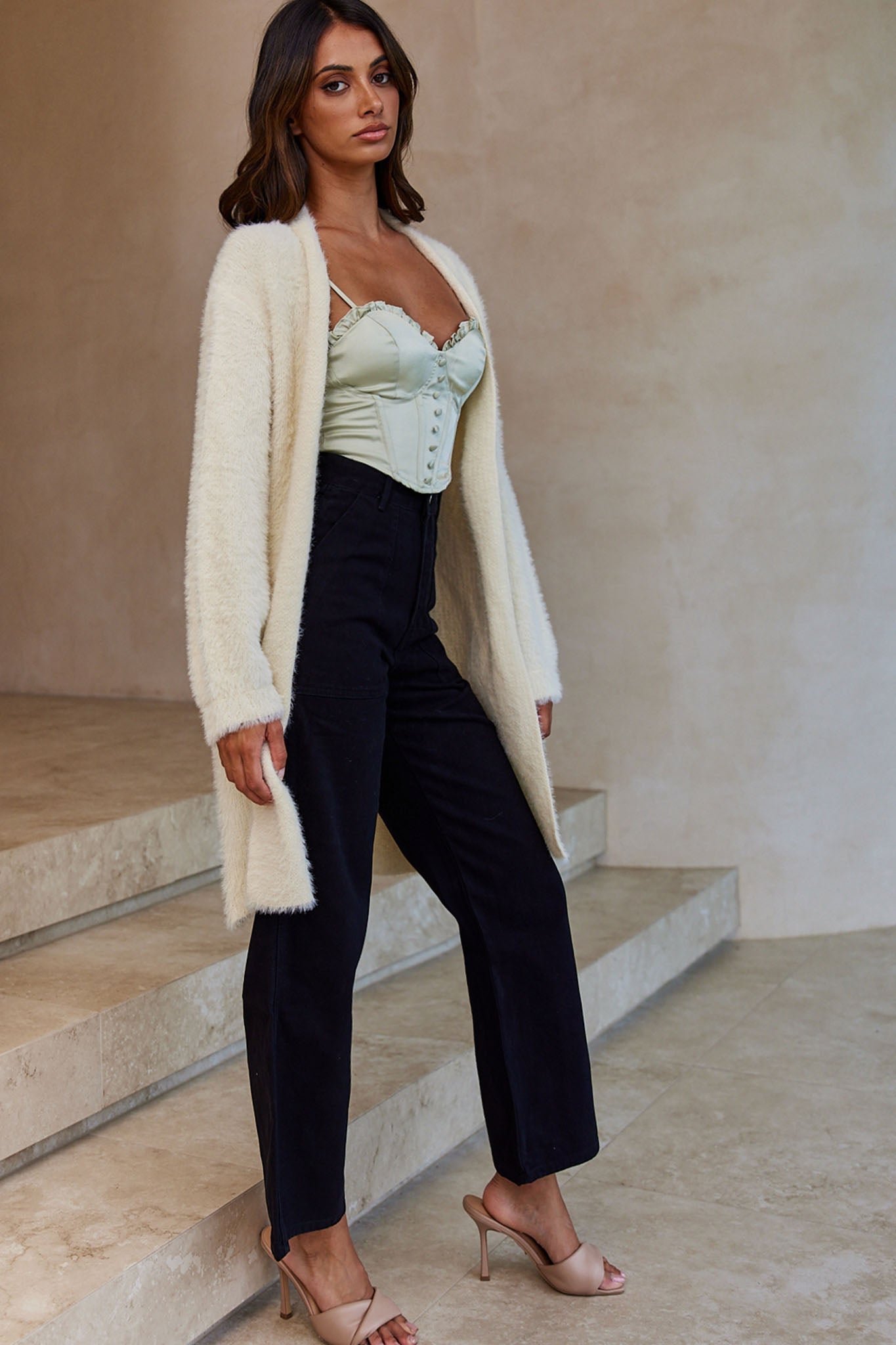 Hold The Phone Long Sleeve Fuzzy Duster Cardigan Cream by Selfie Leslie