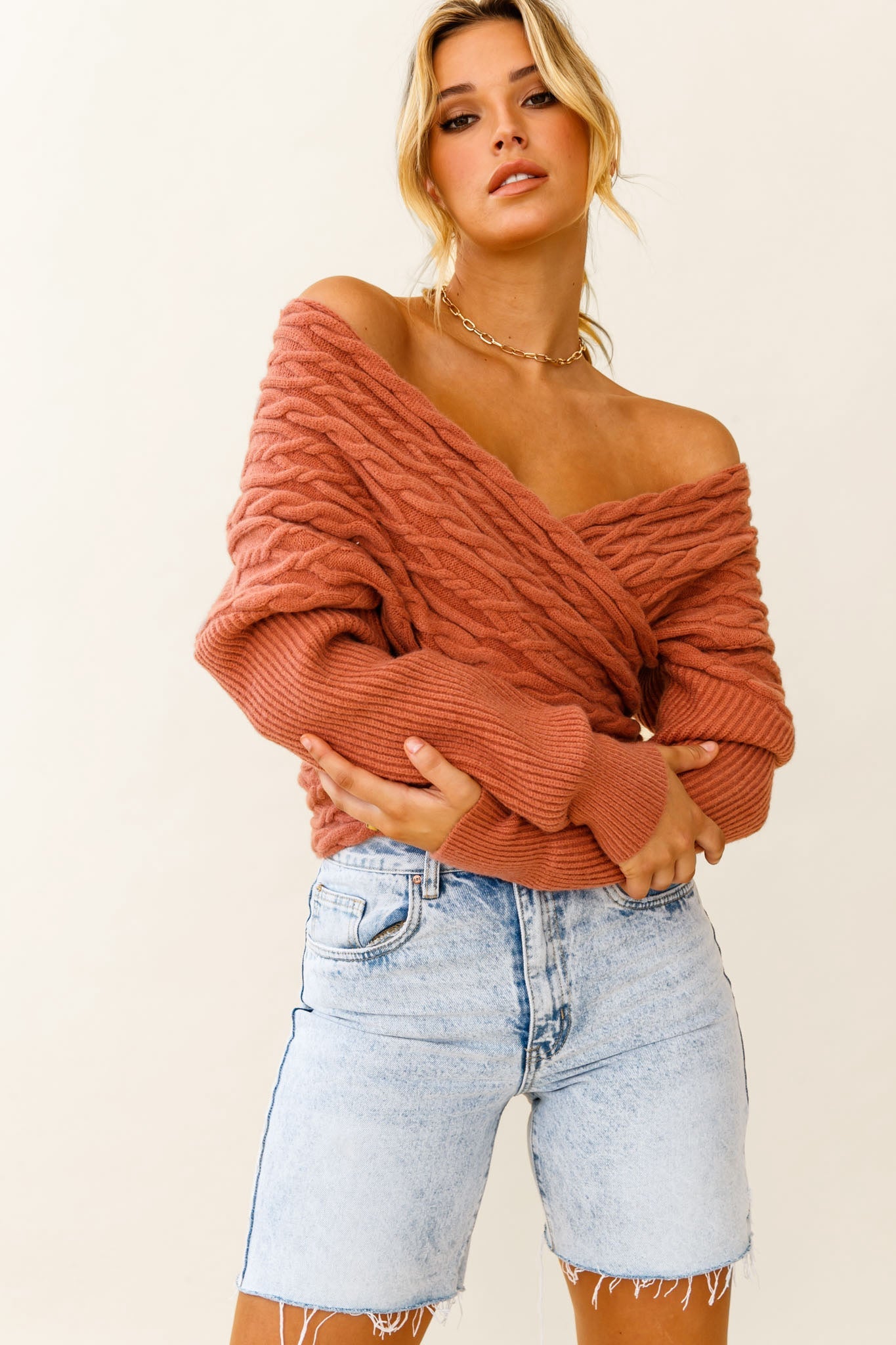 Heartstopper Off-Shoulder Wrap Knit Top Rose by Selfie Leslie
