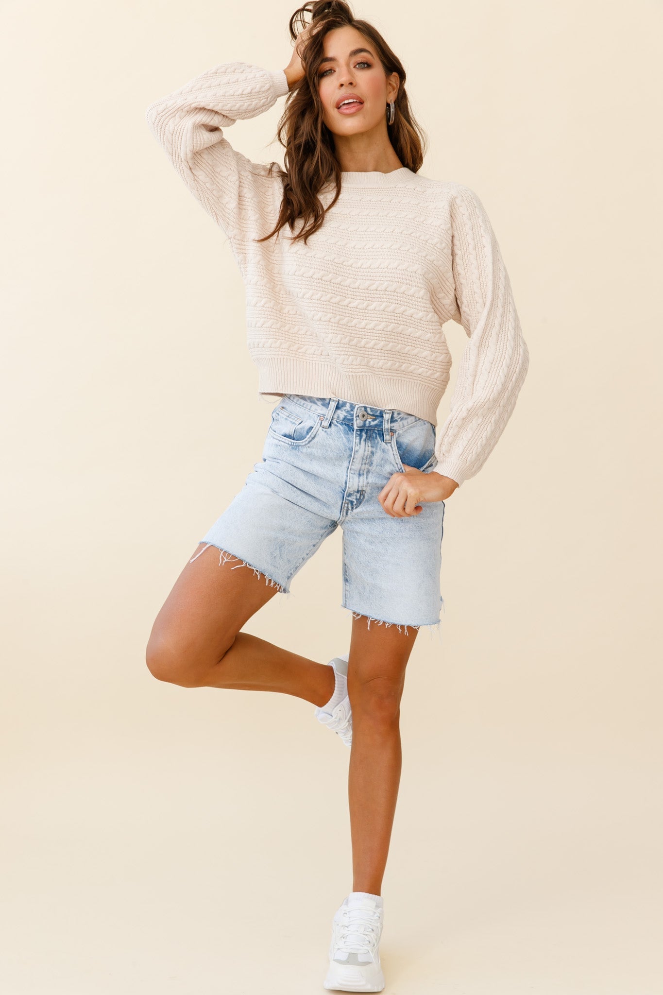 Uncomplicated Crew Neck Horizontal Cable Knit Sweater Beige by Selfie Leslie