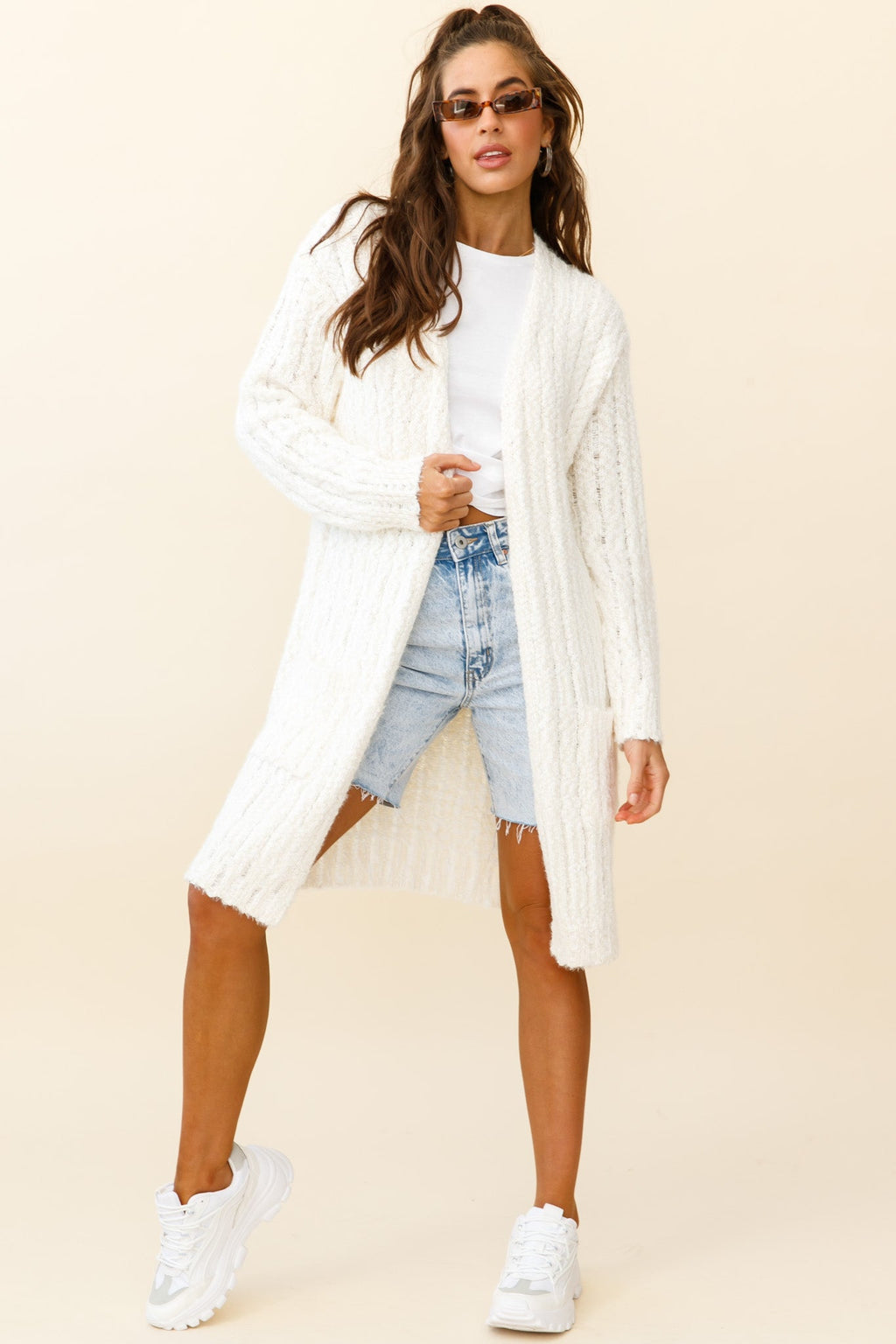 Fredricka Long-Line Knit Cardigan White by Selfie Leslie