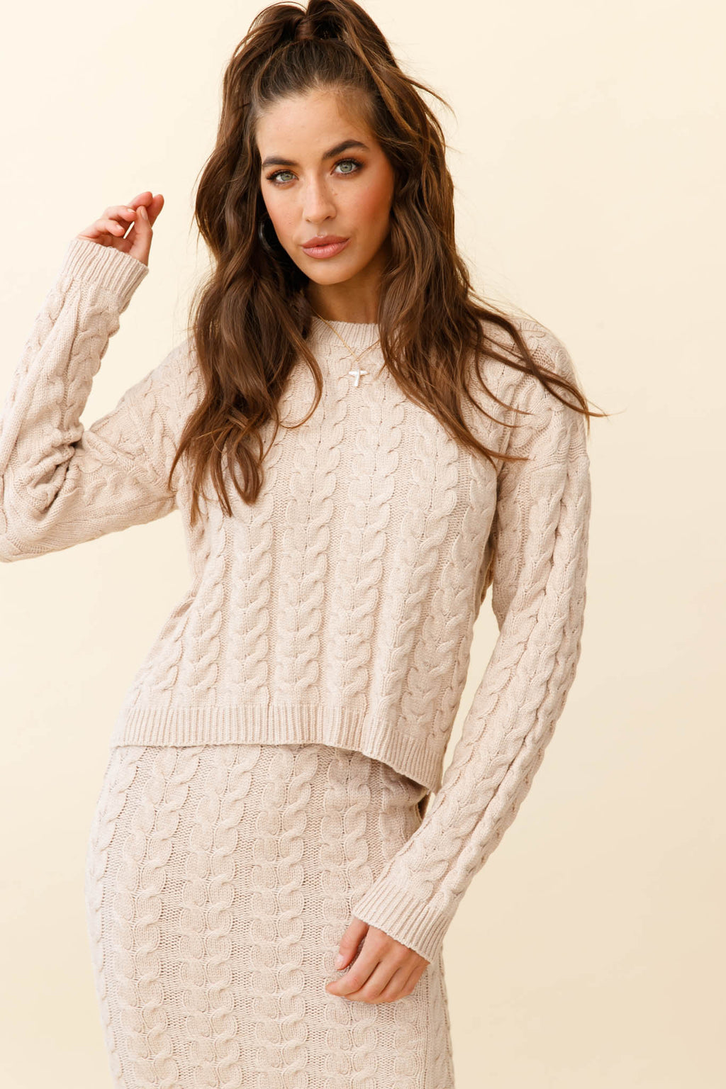 Cozy Up Cable Knit Sweater Beige by Selfie Leslie