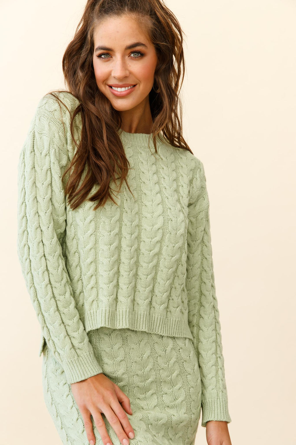 Cozy Up Cable Knit Sweater Green by Selfie Leslie