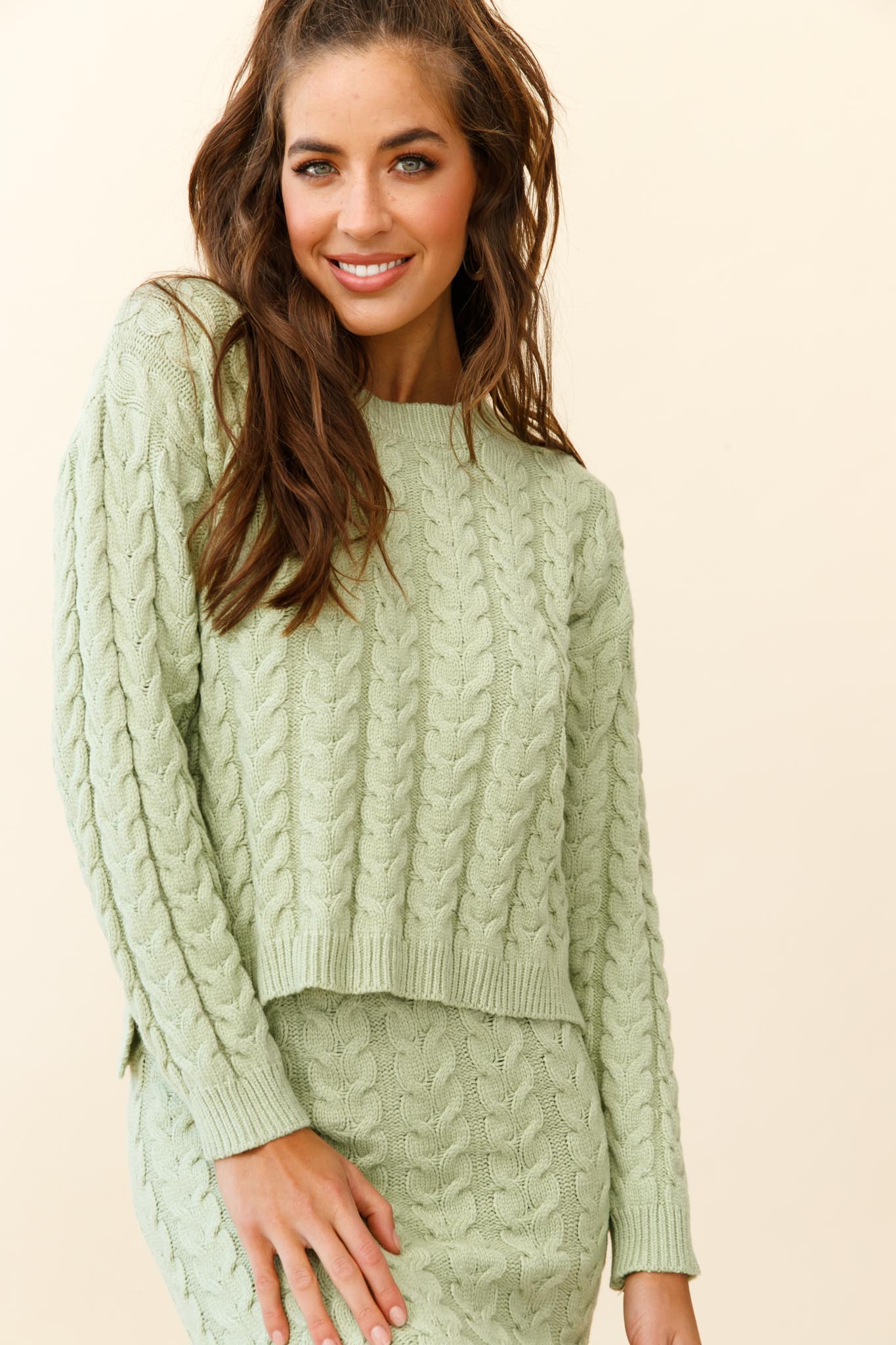 Cozy Up Cable Knit Sweater Green by Selfie Leslie