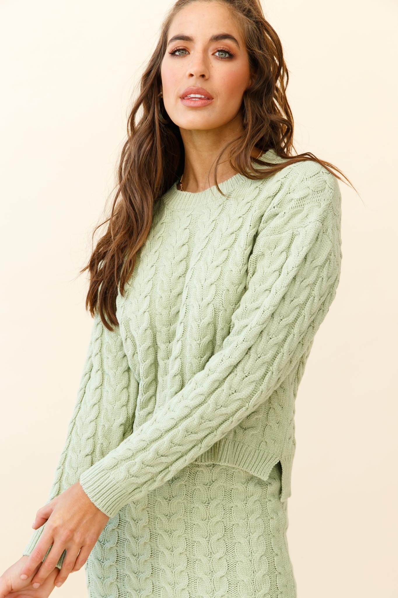 Cozy Up Cable Knit Sweater Green by Selfie Leslie