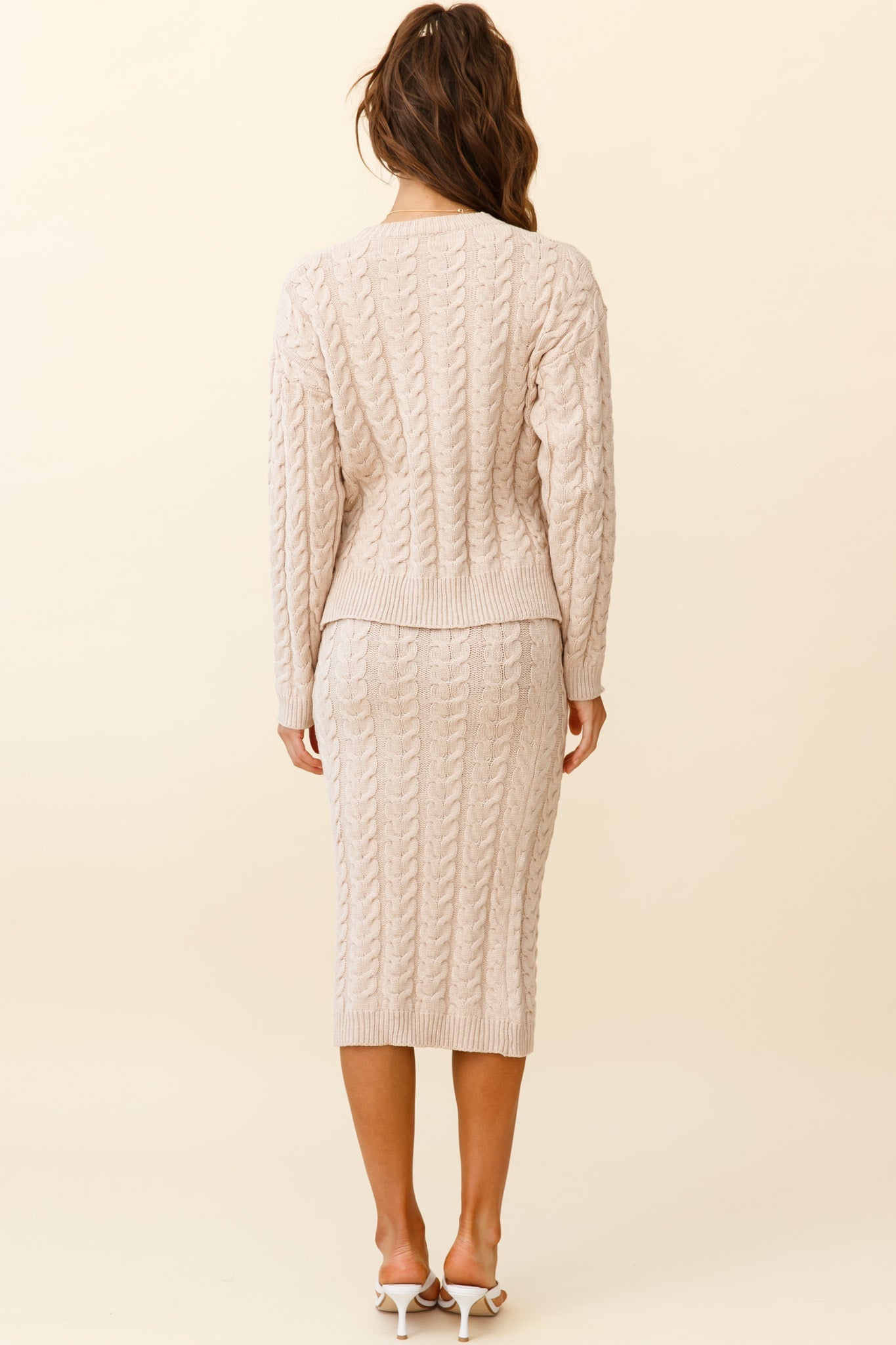 Cozy Up Cable Knit Midi Skirt Beige by Selfie Leslie