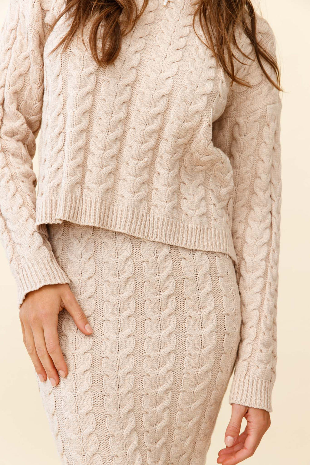 Cozy Up Cable Knit Midi Skirt Beige by Selfie Leslie