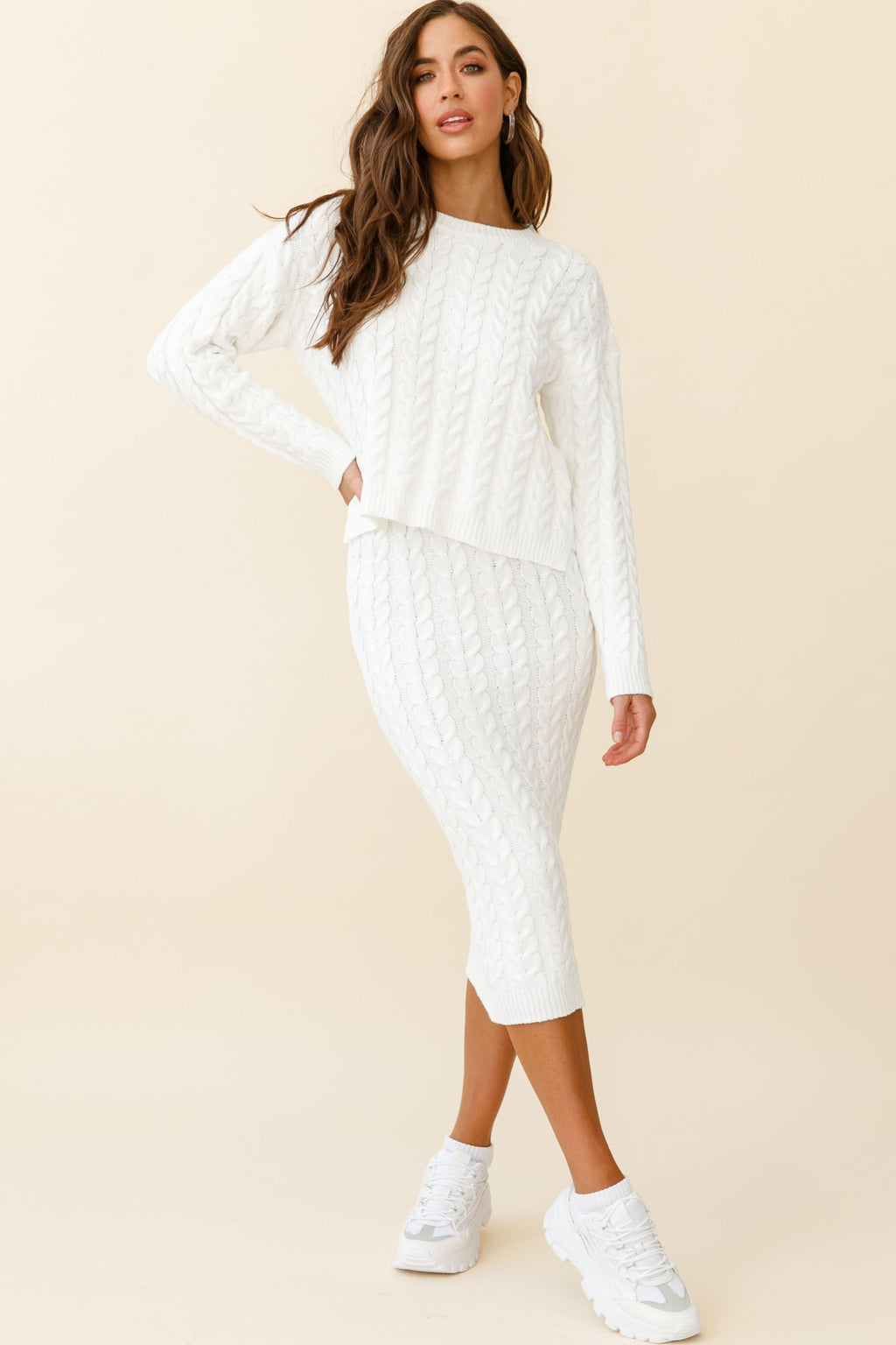 Cozy Up Cable Knit Midi Skirt White by Selfie Leslie