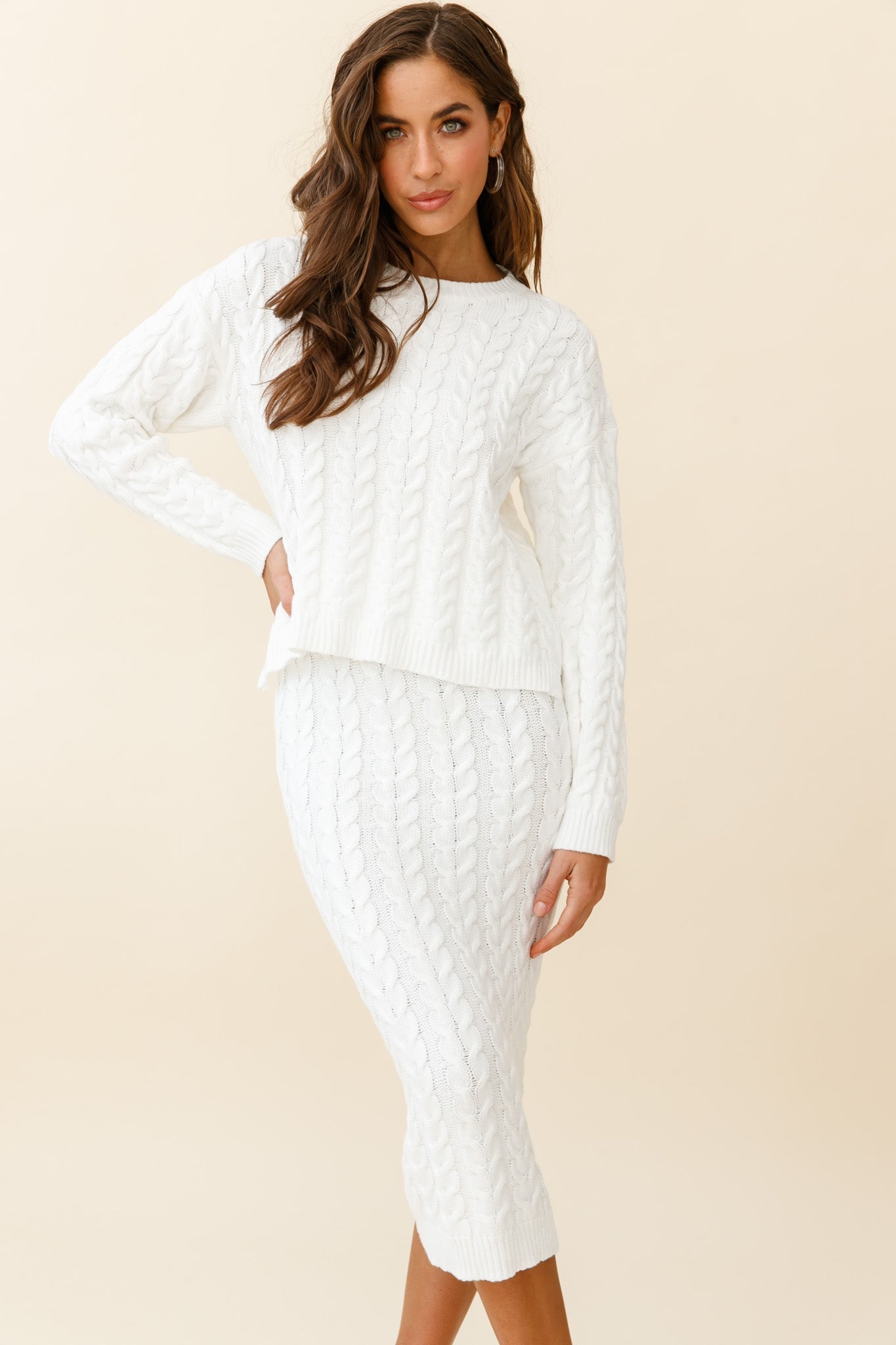 Cozy Up Cable Knit Midi Skirt White by Selfie Leslie