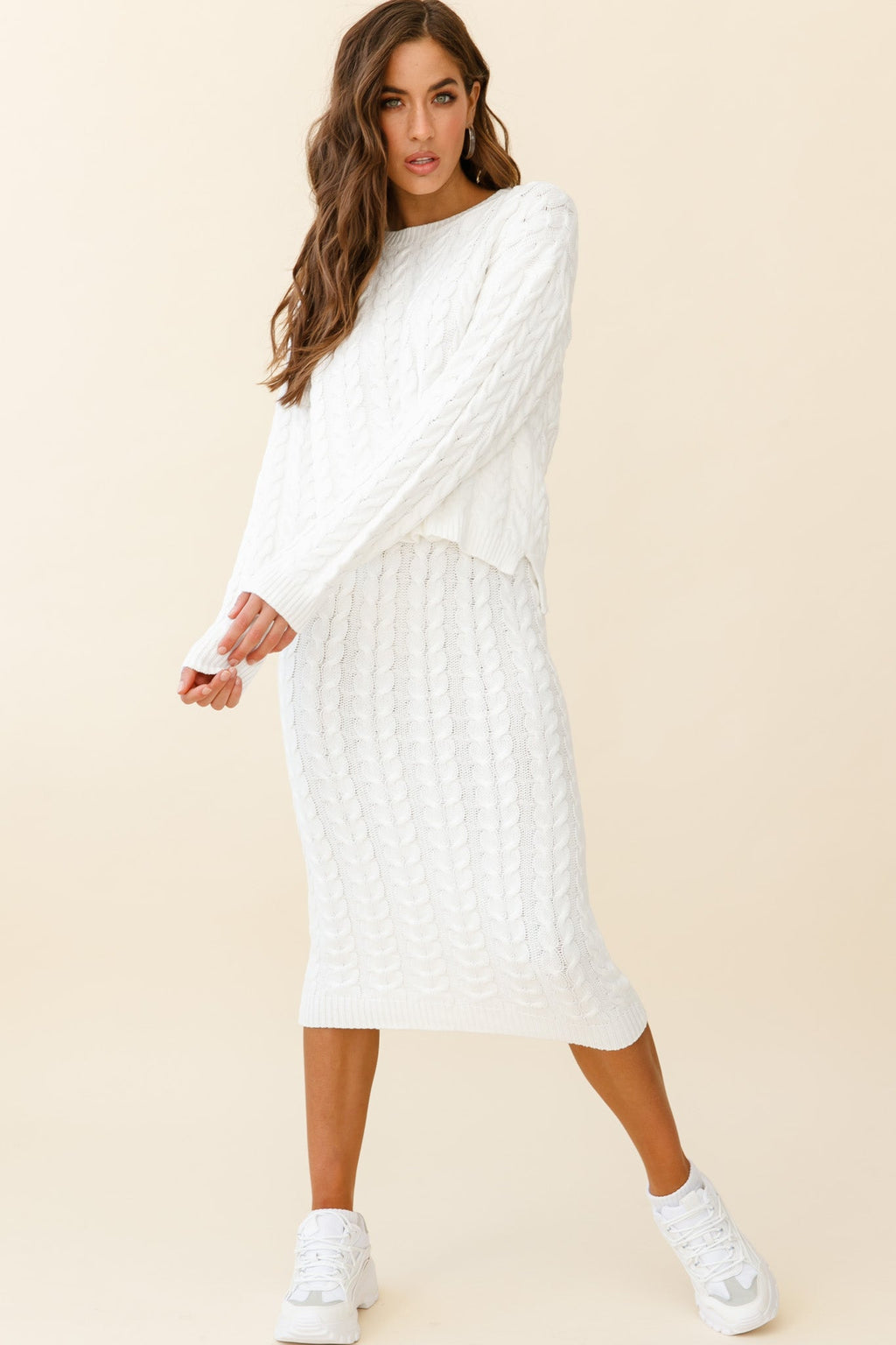Cozy Up Cable Knit Midi Skirt White by Selfie Leslie