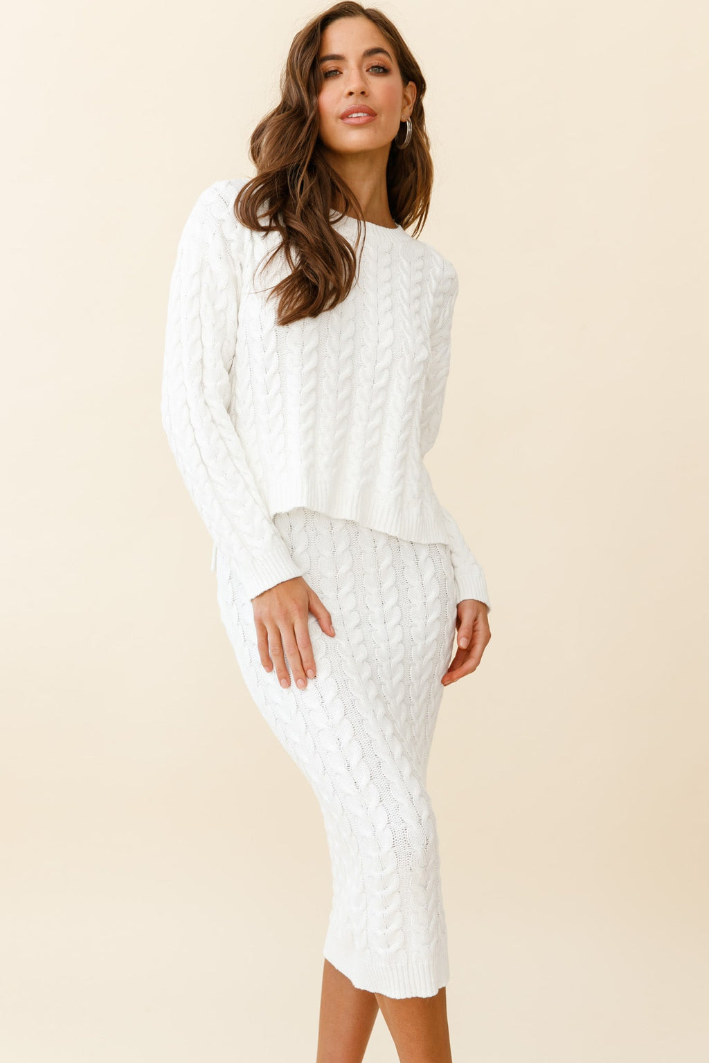 Cozy Up Cable Knit Midi Skirt White by Selfie Leslie