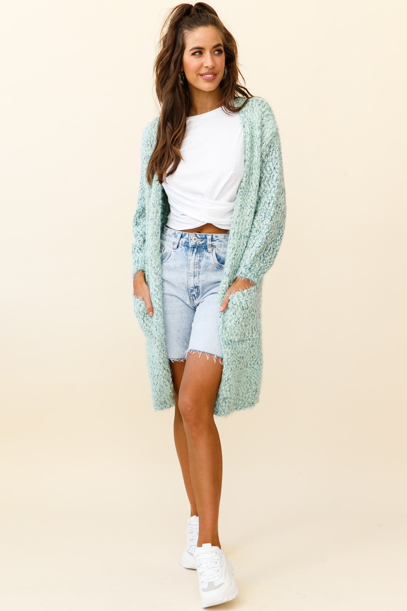 Johanna Long Sleeve Pocket Cardigan Mottled Green by Selfie Leslie