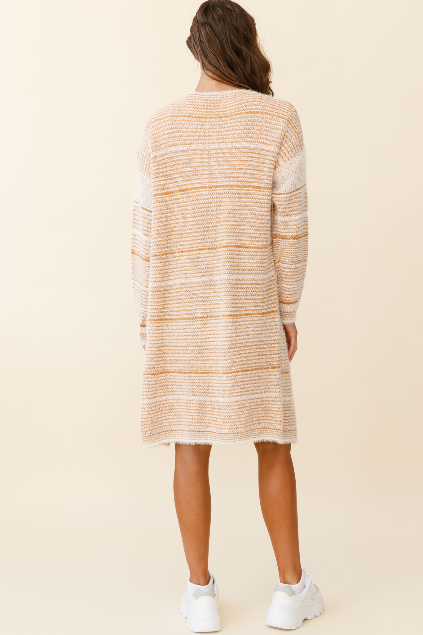 Moon Shine Fuzzy Knit Long Cardigan Striped Beige by Selfie Leslie