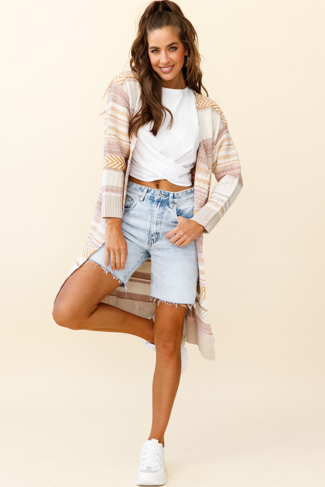 Sabine Long Line Textured Knit Cardigan Beige by Selfie Leslie