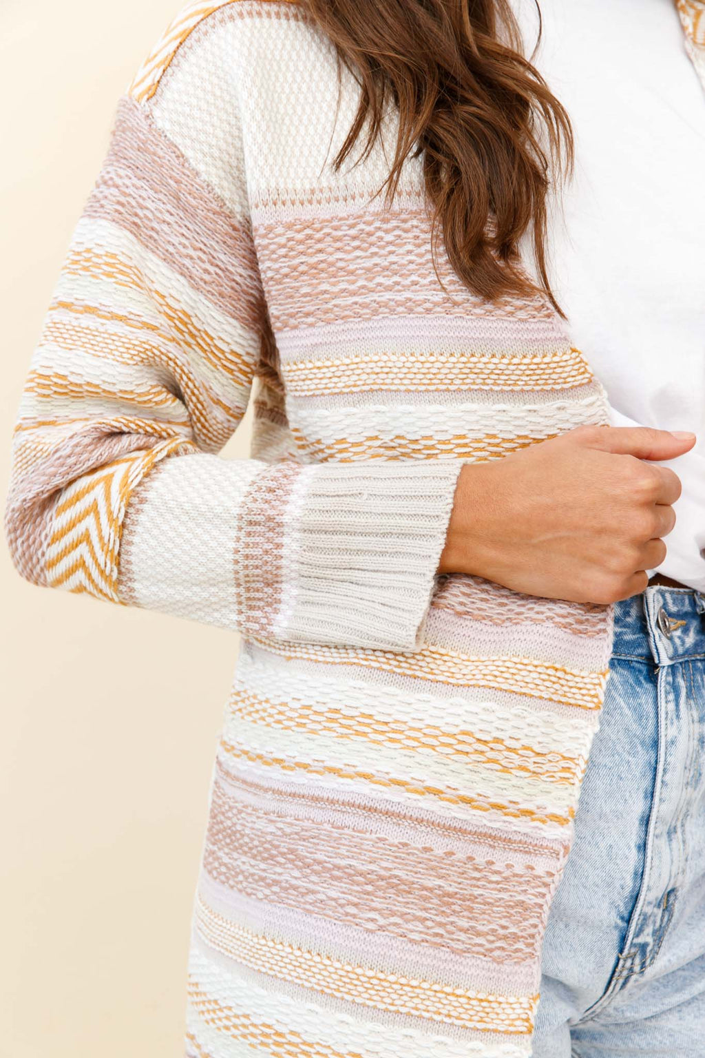 Sabine Long Line Textured Knit Cardigan Beige by Selfie Leslie