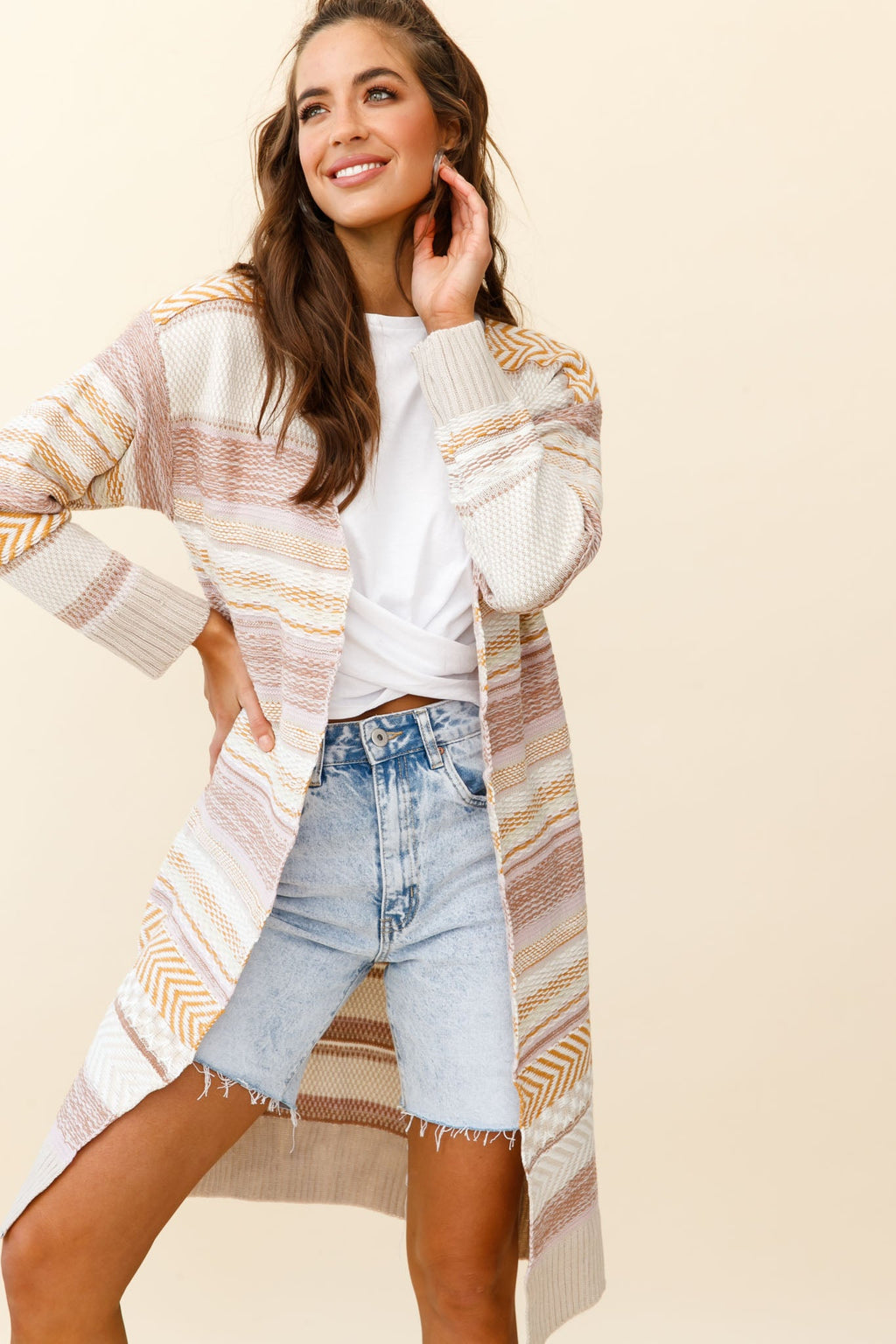 Sabine Long Line Textured Knit Cardigan Beige by Selfie Leslie