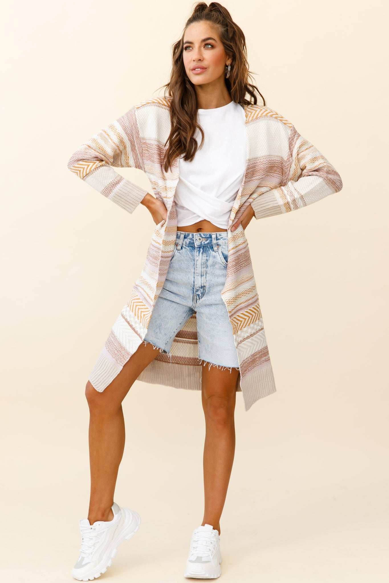 Sabine Long Line Textured Knit Cardigan Beige by Selfie Leslie