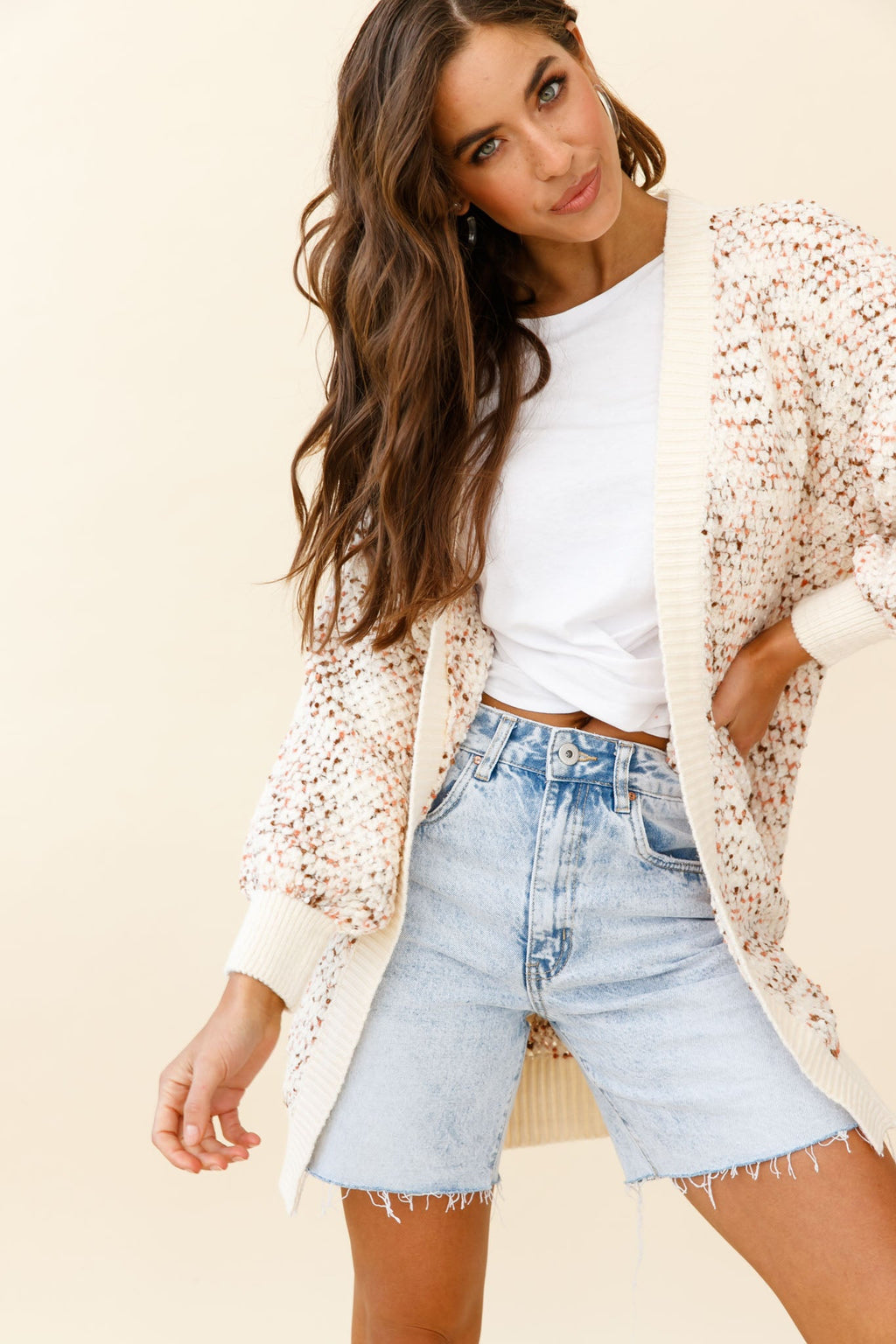 Elsey Lantern Sleeve Long Cardigan Textured Cream by Selfie Leslie