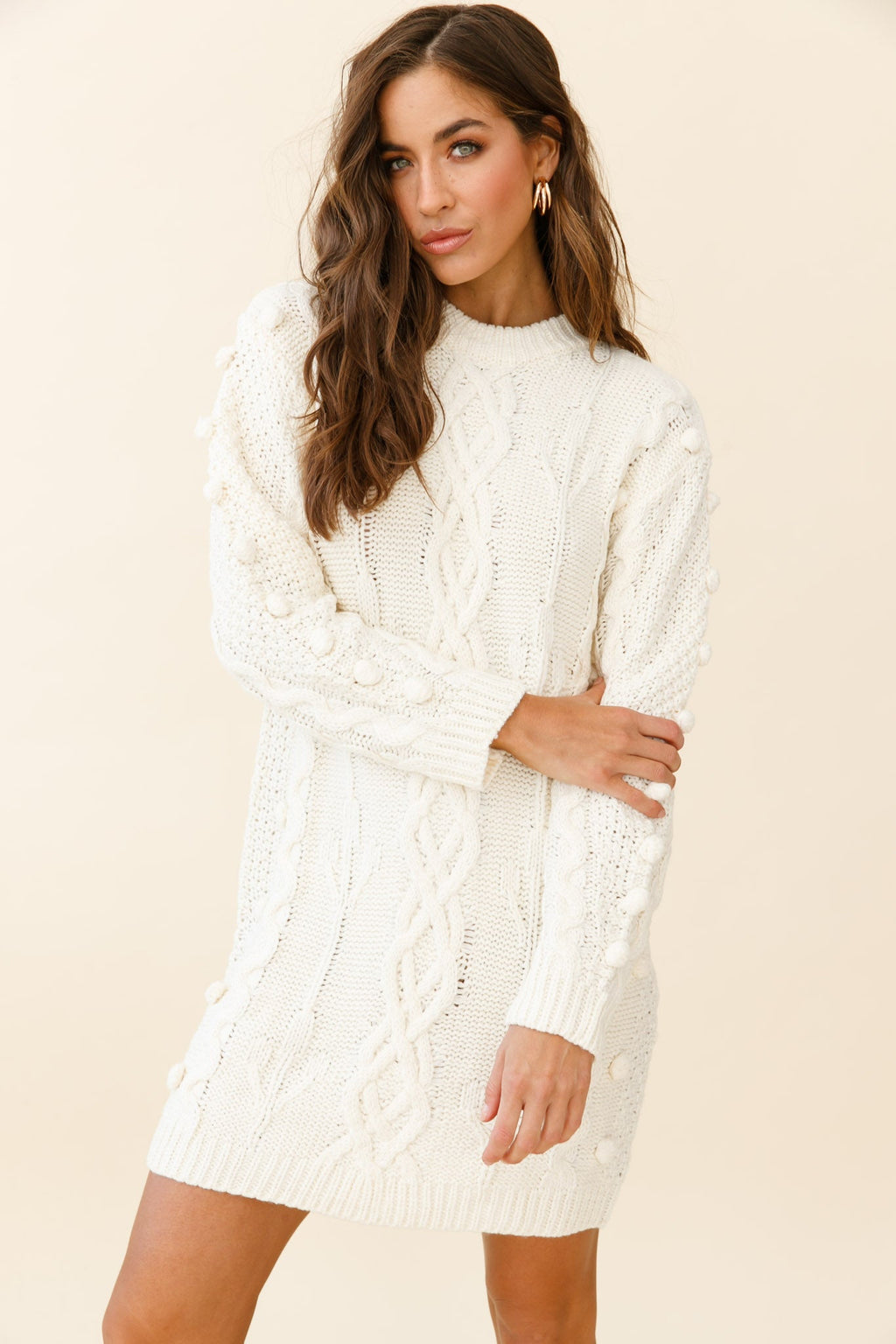 Snowstorm Pom Pom Detail Knit Sweater Dress Cream by Selfie Leslie
