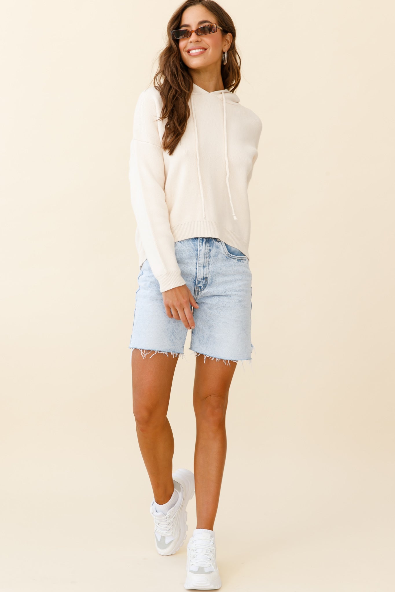 Nightrider Drop Sleeve Hooded Sweater Cream by Selfie Leslie