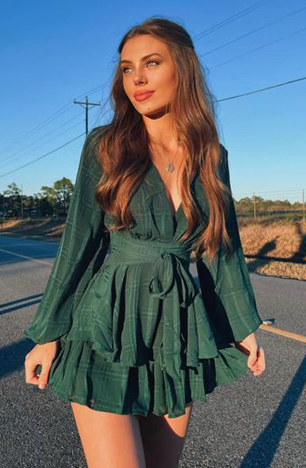 Maddox Fit & Flare Long Sleeve Romper Forest Green by Selfie Leslie