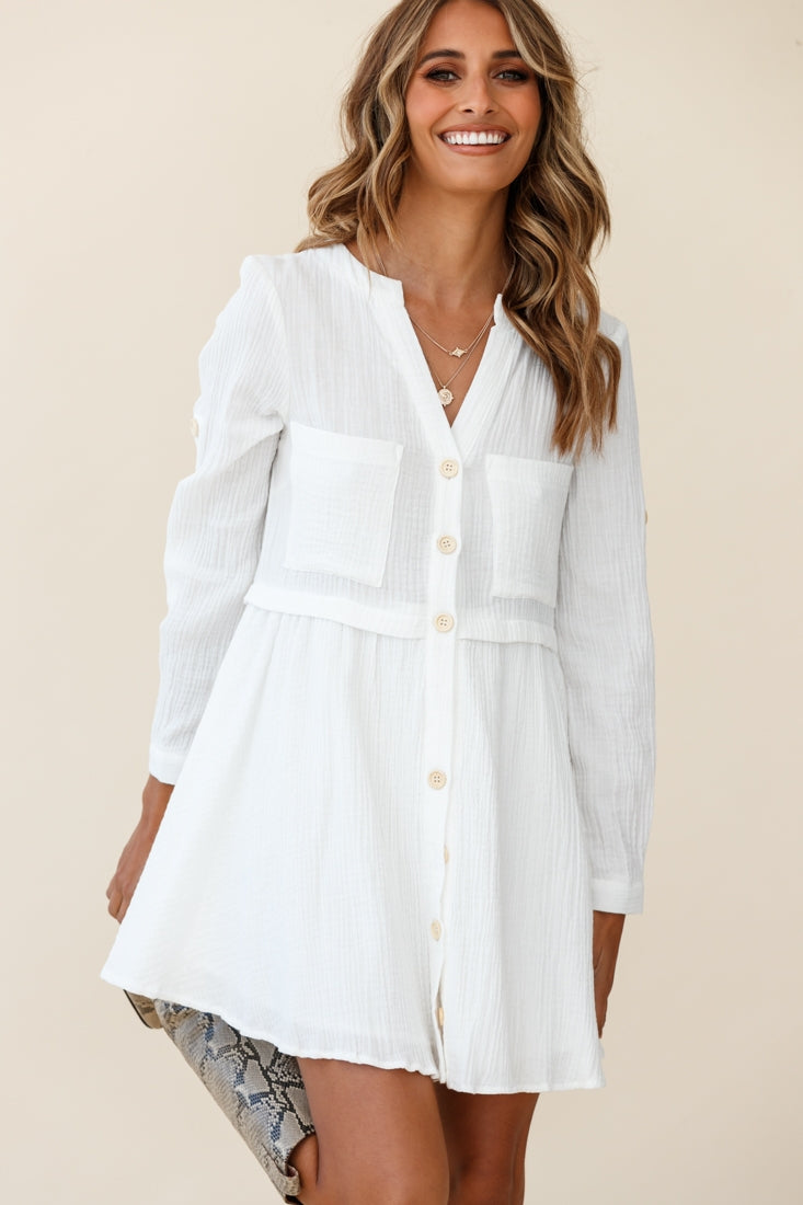 Holly Long Sleeve Double Pocket Shirt Dress White by Selfie Leslie