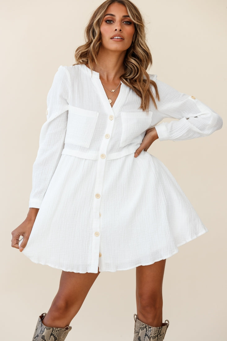 Holly Long Sleeve Double Pocket Shirt Dress White by Selfie Leslie