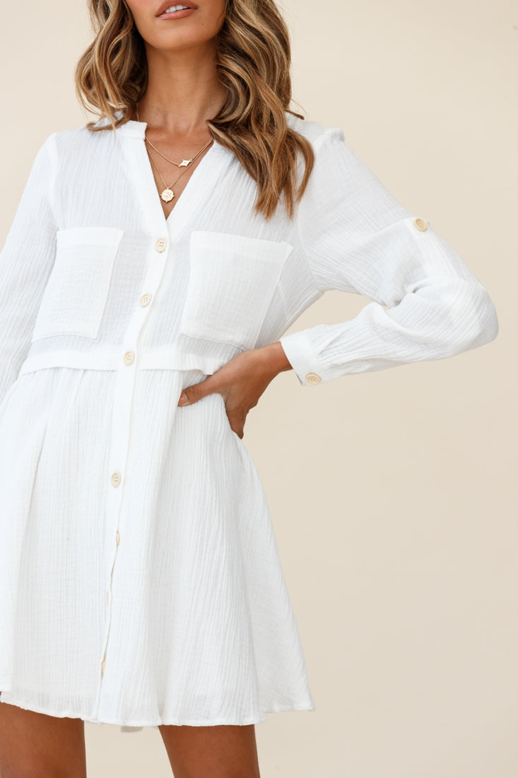 Holly Long Sleeve Double Pocket Shirt Dress White by Selfie Leslie