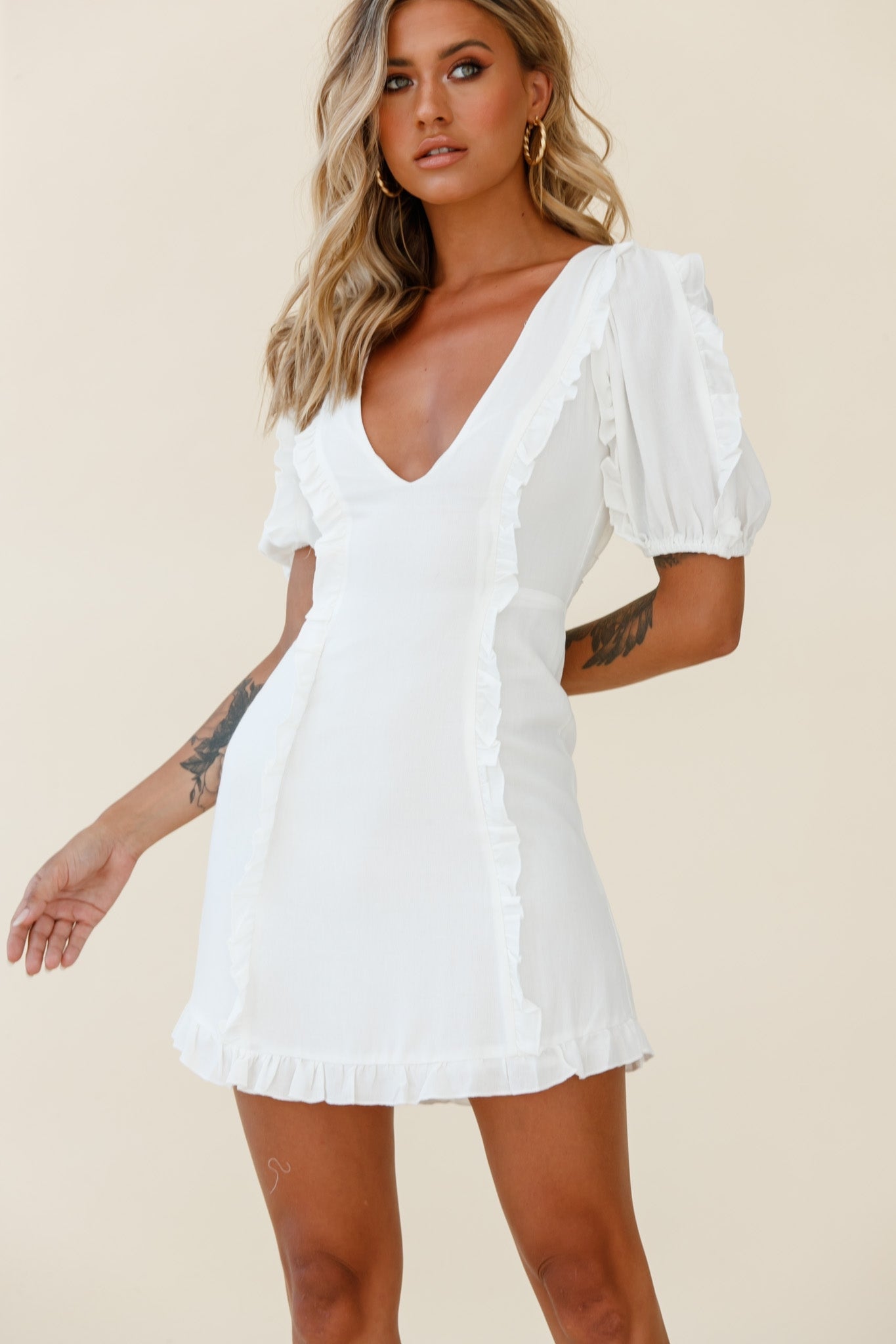 Maisy Puff Sleeve Frill Trim Dress White by Selfie Leslie