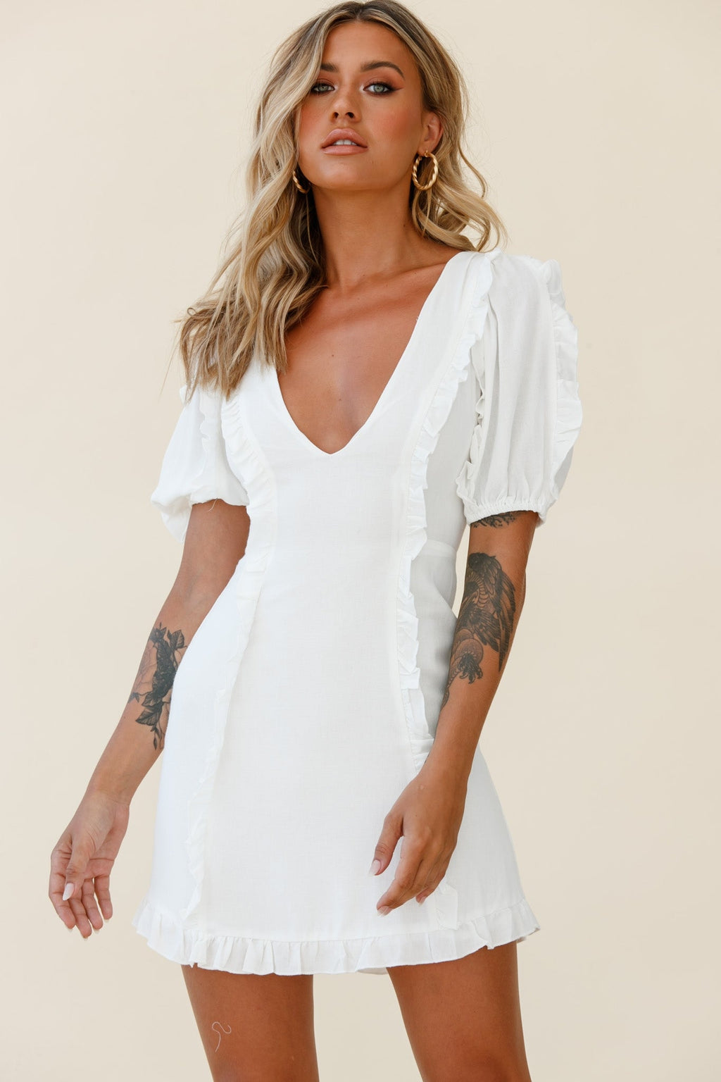 Maisy Puff Sleeve Frill Trim Dress White by Selfie Leslie