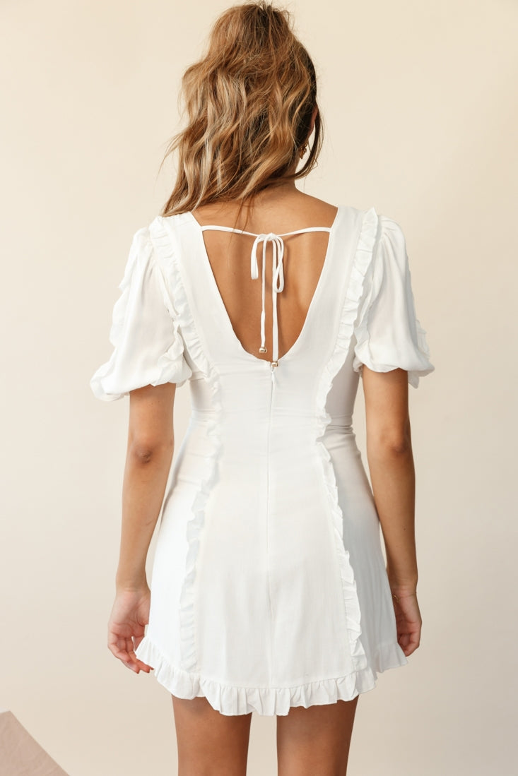 Maisy Puff Sleeve Frill Trim Dress White by Selfie Leslie