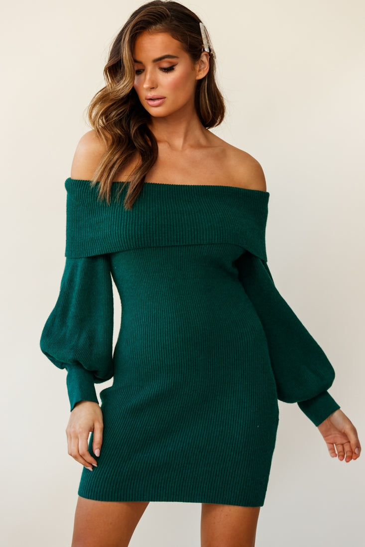 Runaway Off Shoulder Balloon Sleeve Knit Dress Forest Green by Selfie Leslie