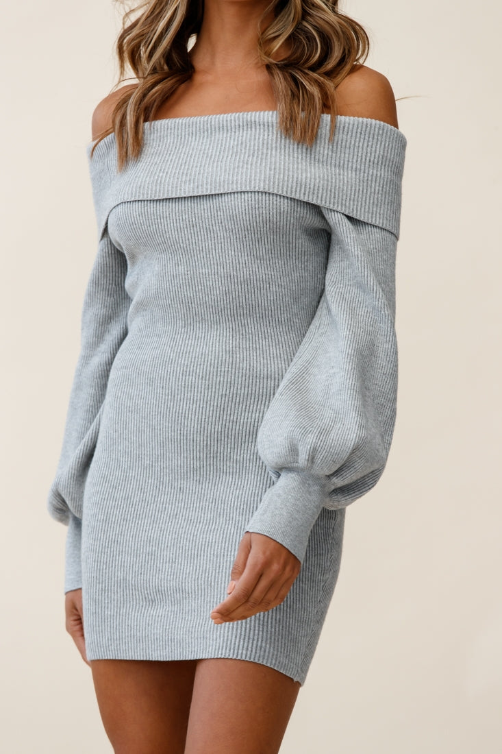Runaway Off Shoulder Balloon Sleeve Knit Dress Grey by Selfie Leslie