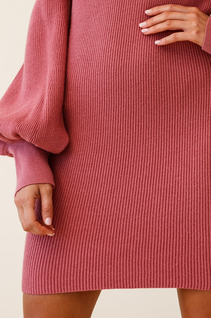 Runaway Off Shoulder Balloon Sleeve Knit Dress Rose by Selfie Leslie