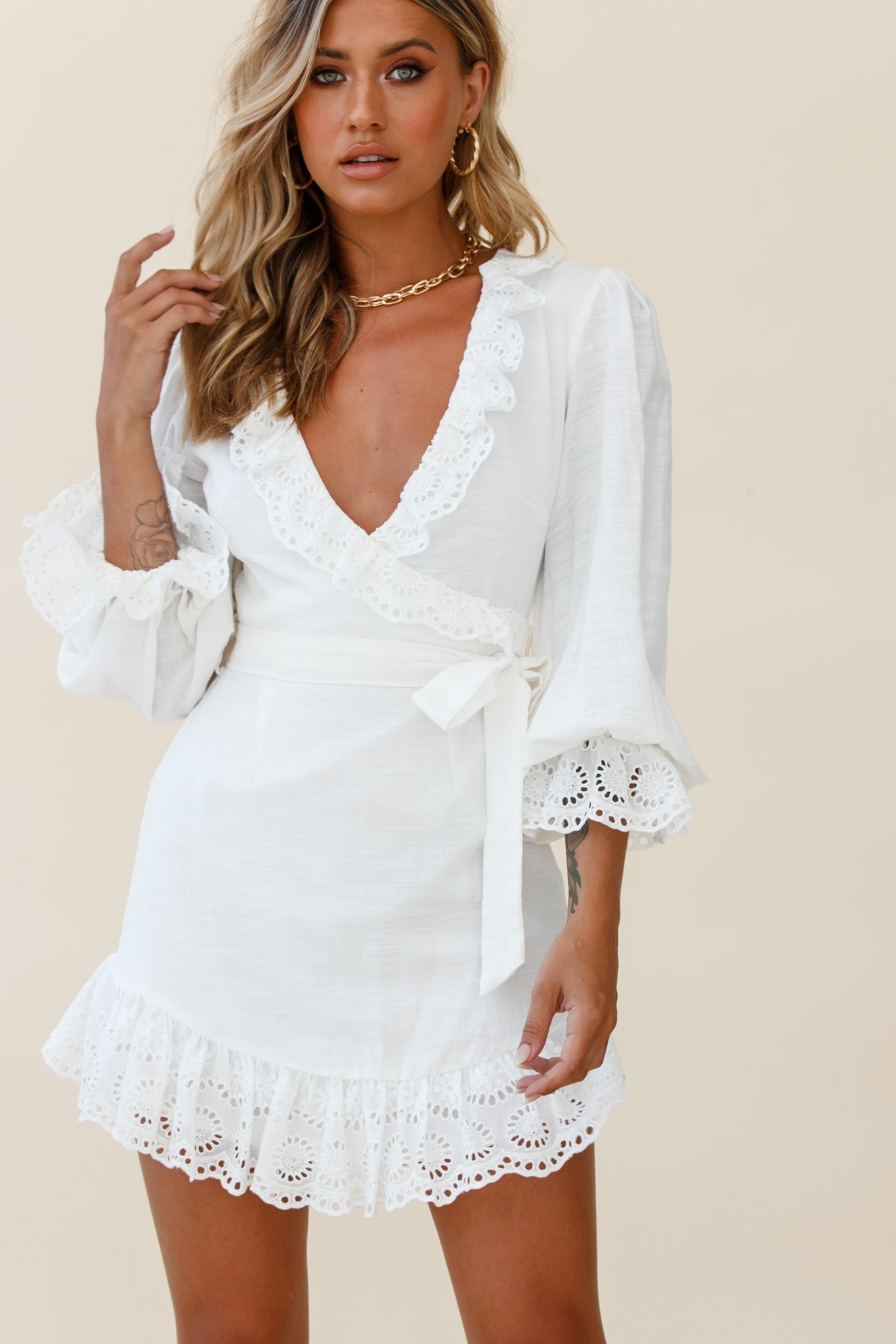 Terroni Lantern Sleeve Frill Hem Dress White by Selfie Leslie