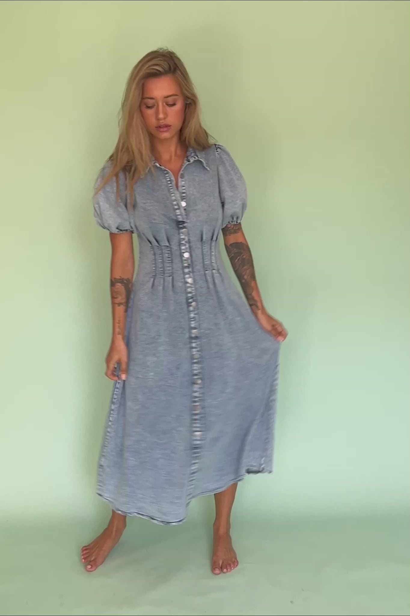 Zurich Pleated Waist Midi Dress Denim Blue