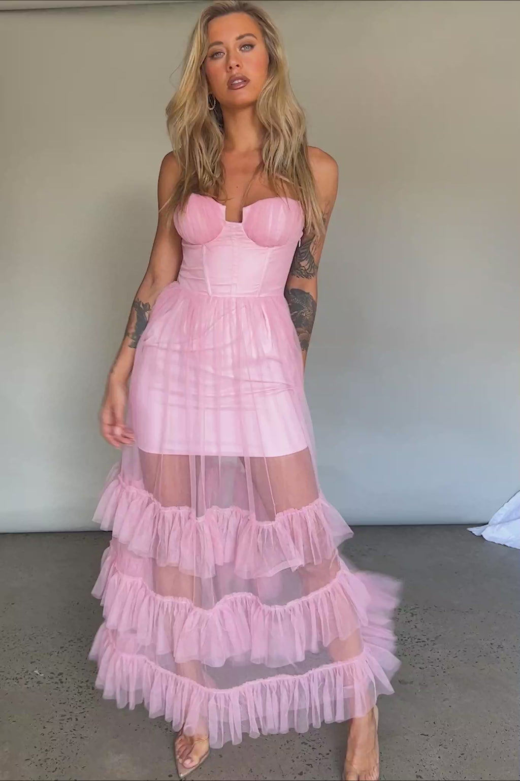 Moonlight Sonata Ruffle Mesh Maxi Dress Cameo Pink