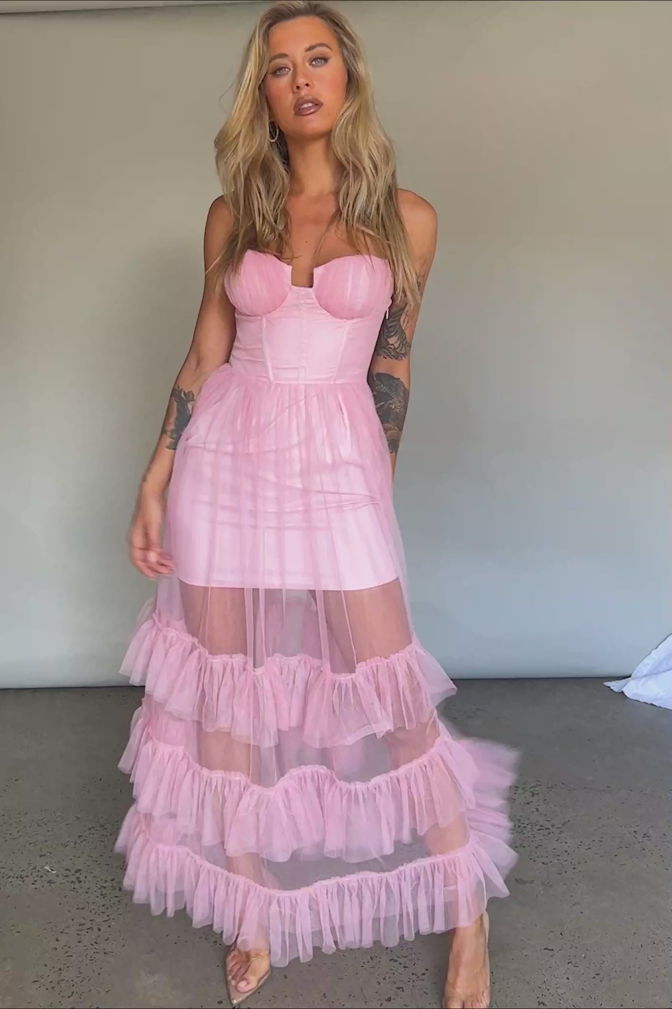 Moonlight Sonata Ruffle Mesh Maxi Dress Cameo Pink