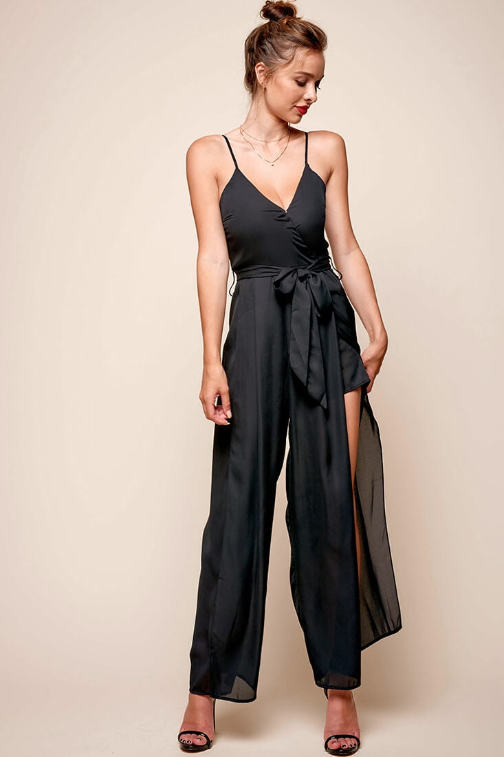 Carrie High Slit Chiffon Jumpsuit Black by Selfie Leslie