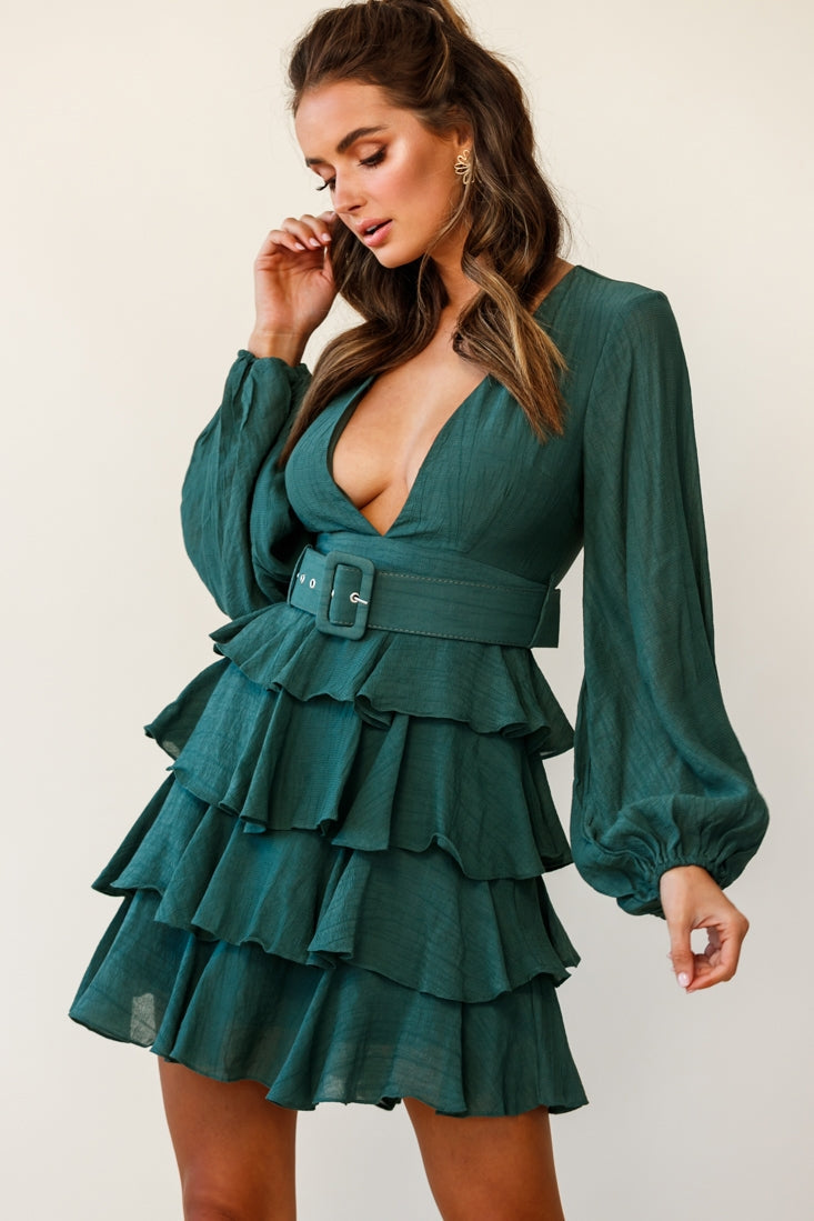 Queensland Balloon Sleeve Tiered Frill Belt Dress Green by Selfie Leslie