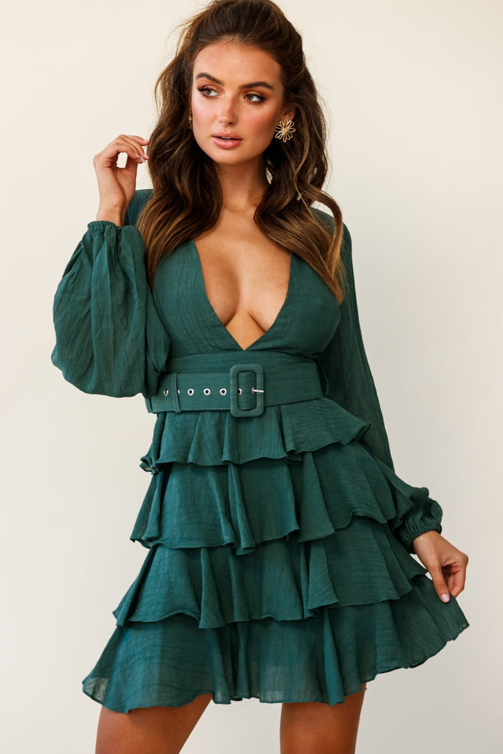 Queensland Balloon Sleeve Tiered Frill Belt Dress Green by Selfie Leslie