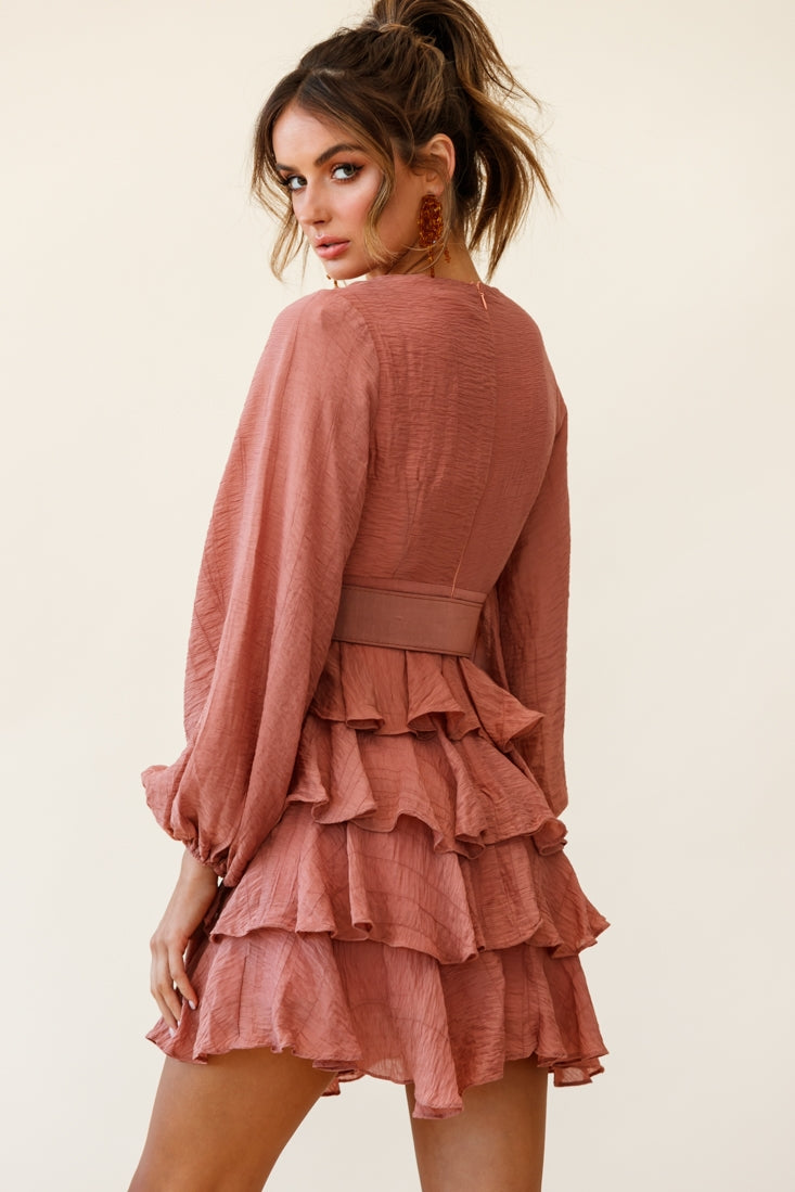 Queensland Balloon Sleeve Tiered Frill Belt Dress Rose by Selfie Leslie