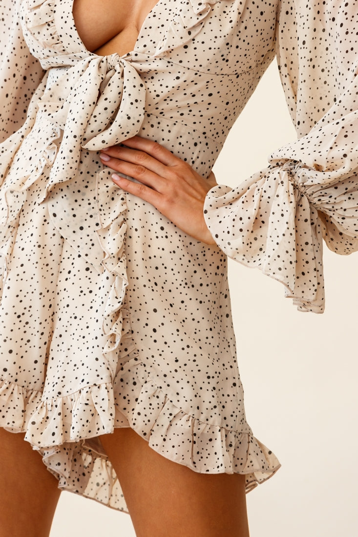 Tell Me More Balloon Sleeve Tie-Front Romper Spot Print Mocha by Selfie Leslie