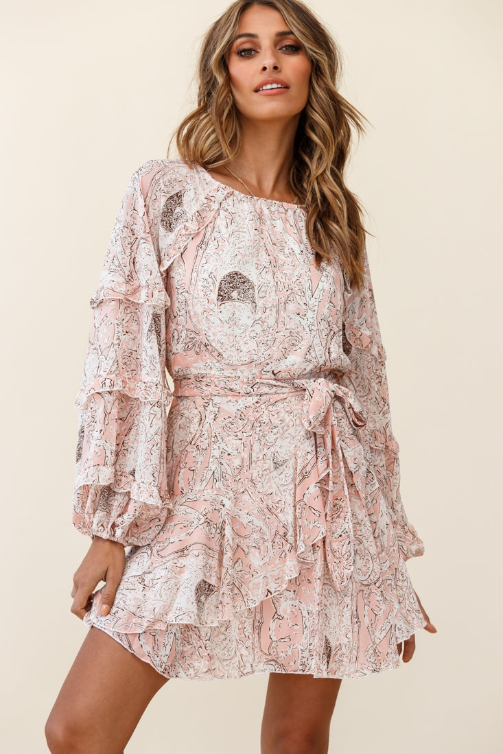 Angelini Long Sleeve Waist Tie Dress Floral Print Pink by Selfie Leslie