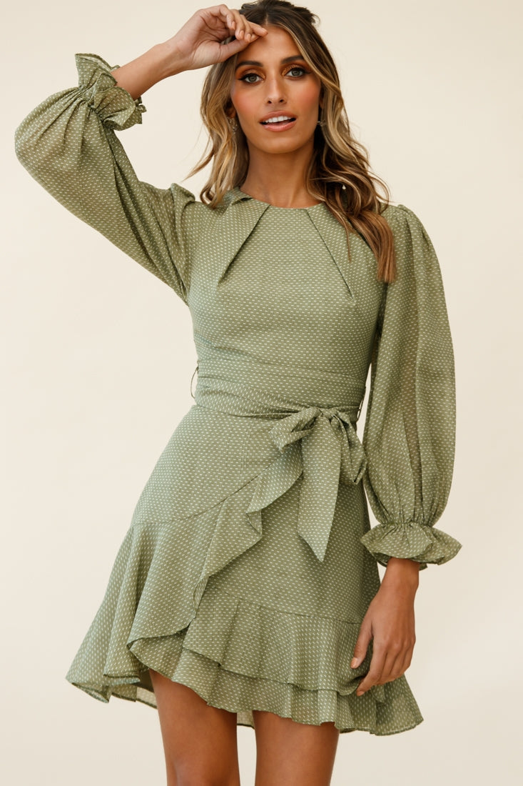 Agnes Long Sleeve Pleat Detail Dress Olive by Selfie Leslie