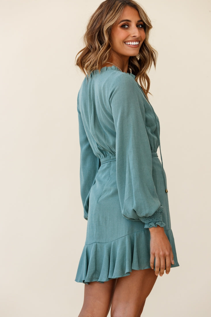 Santorini Long Sleeve String Tie Dress Sage by Selfie Leslie