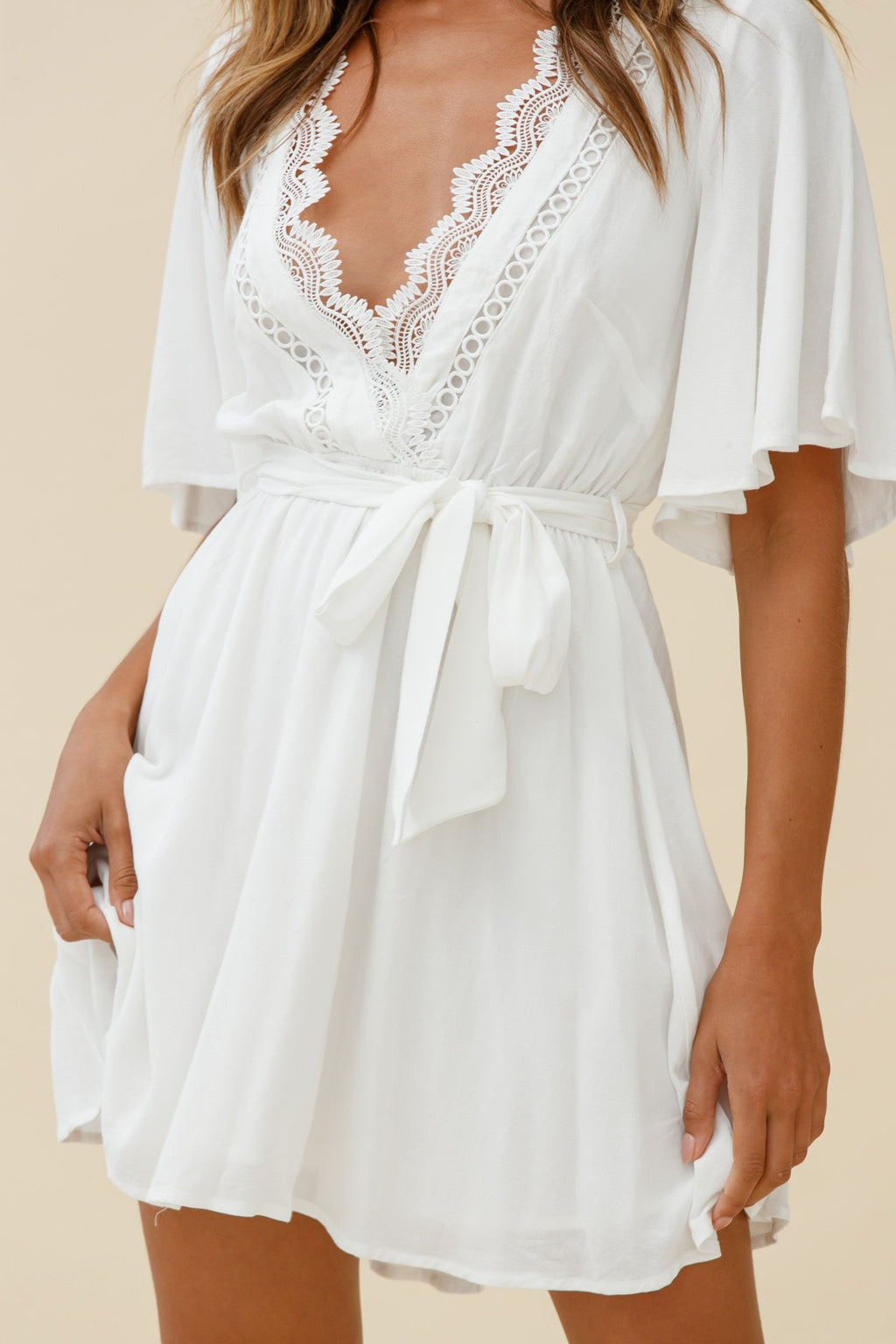 Angela Lace-Trimmed Bust Angel Sleeve Dress White by Selfie Leslie